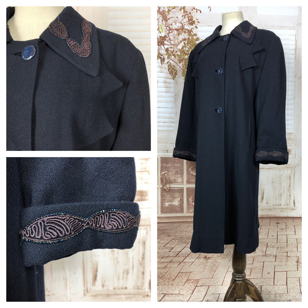 Amazing Original 1940s 40s Volup Vintage Navy Blue Swing Coat With Beaded Soutache Collar And Cuffs