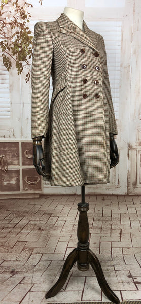 Original 1940s 40s Petite Vintage Brown Double Breasted Houndstooth Wool Coat