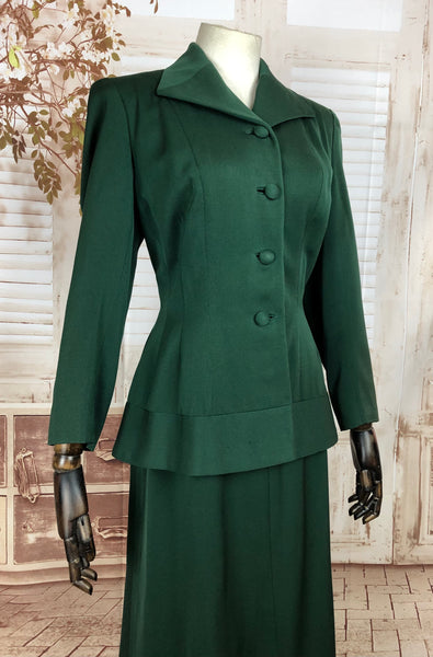 Original Vintage 1940s 40s Forest Green Gabardine Skirt Suit With Incredible Button Peplum
