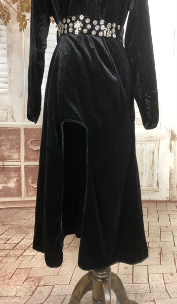 Original Vintage 1940s 40s Black Wrap Over Velvet Evening Dress With Glass Bead Belt
