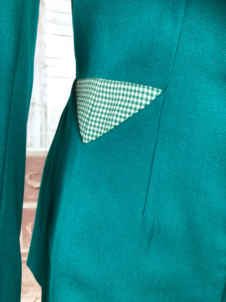 Incredible Original 1940s 40s Vintage Emerald Green Blazer With Gingham Details