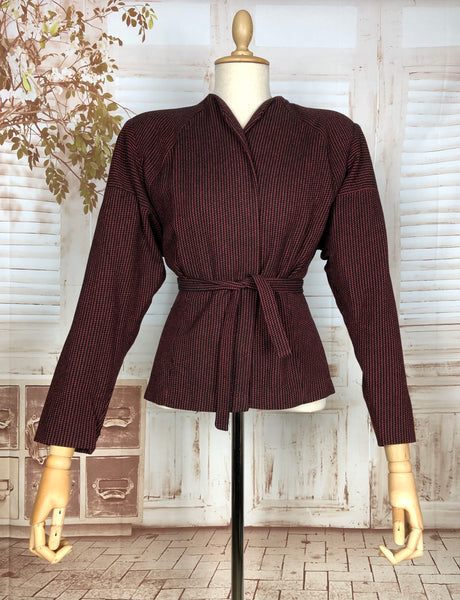 Fabulous Original 1940s Vintage Red And Black Belted Striped Blazer By Betty Rose