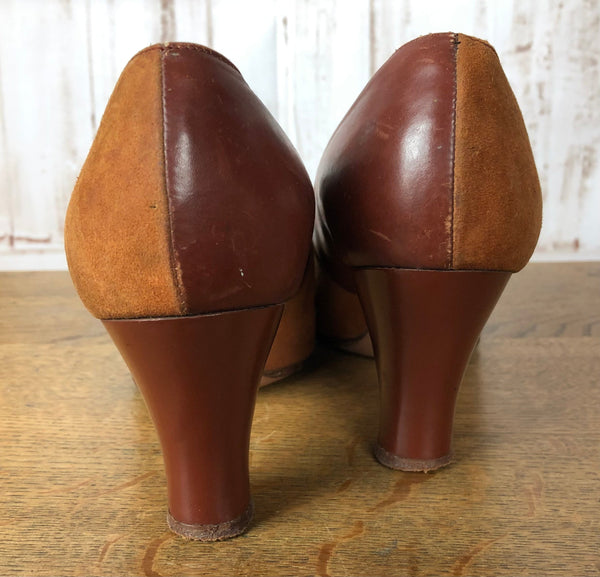 Incredible Original Late 1930s / Early 1940s Two Tone Brown Suede And Leather Lace Up Heels