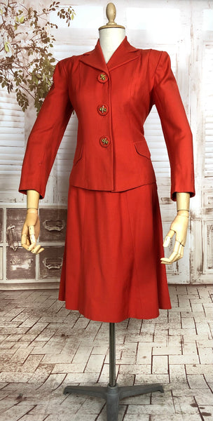 LAYAWAY PAYMENT 2 OF 2 - RESERVED FOR FRAN - Incredible Original Late 1930s / Early 1940s Vintage Vibrant Burnt Orange Skirt Suit With Amazing Statement Buttons