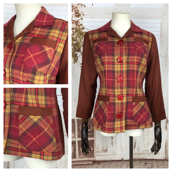 Original 1940s 40s Vintage Yellow And Red Plaid Colour Block Jacket