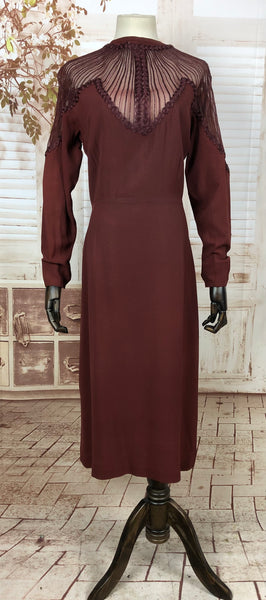 Original 1930s 30s Volup Vintage Burgundy Dress With Illusion Neckline And Rouleau Details