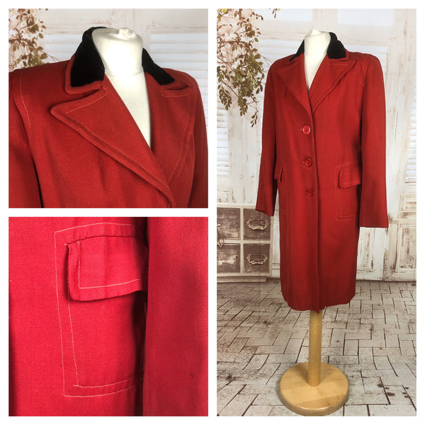 Original 1940s 40s Vintage Red Lightweight Wool Coat With Black Velvet Dagger Collar