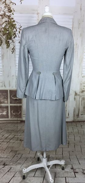 Original 1940s 40s Vintage Light Blue Grey Cotton Skirt With Button Decoration
