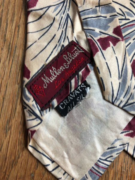 Beautiful Original Late 1930s / Early 1940s Burgundy Steel Blue And Cream Leaf Motif Silk Swing Tie