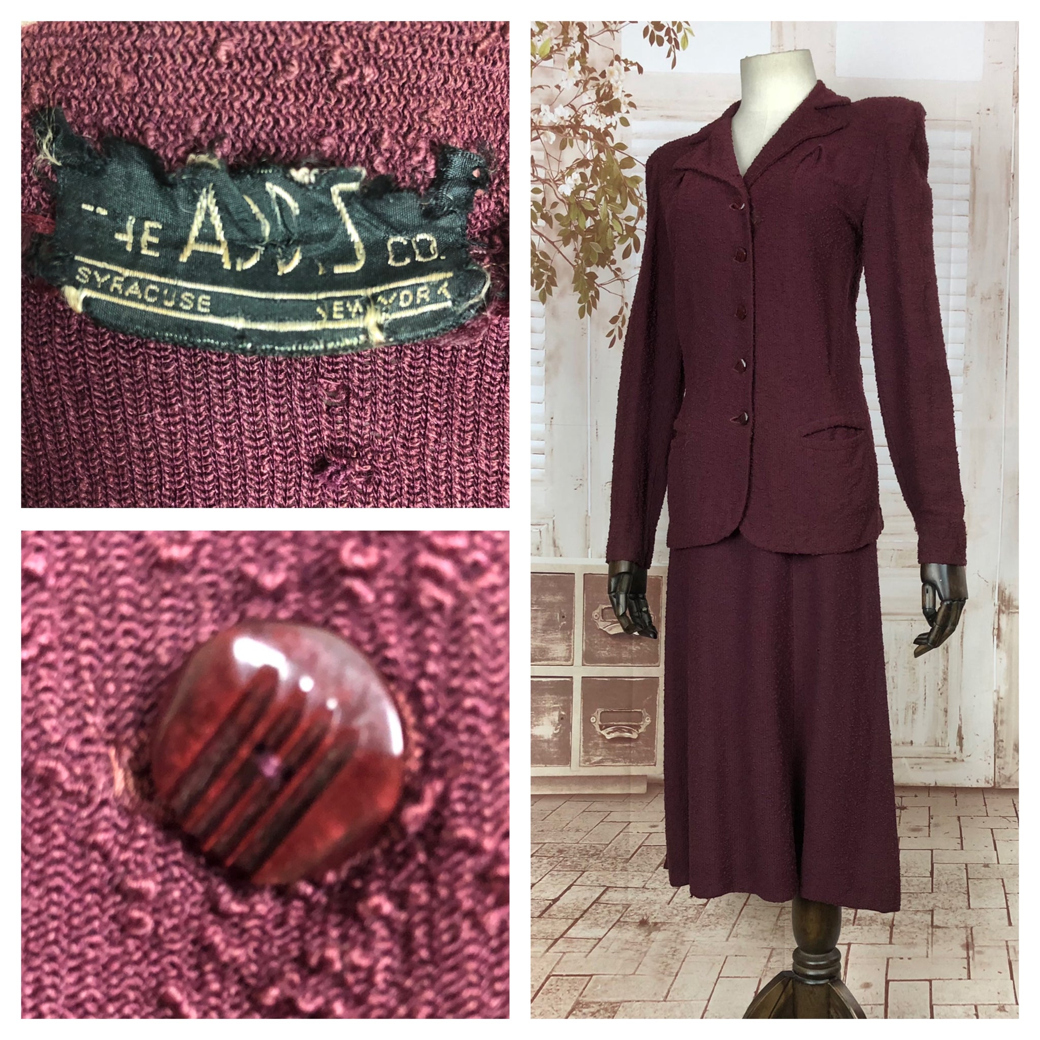 Fabulous Original Vintage 1940s 40s Burgundy Nubby Wool Suit By The Addis Co