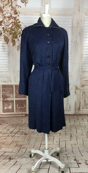 LAYAWAY PAYMENT 2 OF 2 - RESERVED FOR HOLLY - PLEASE DO NOT PURCHASE - Original 1940s 40s Volup Vintage Blue And White Atomic Fleck Belted Gabardine Coat