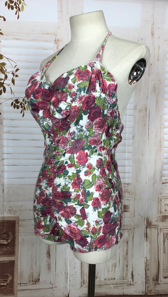 Stunning 1950s 50s Vintage Floral Print Halter Neck Swimsuit