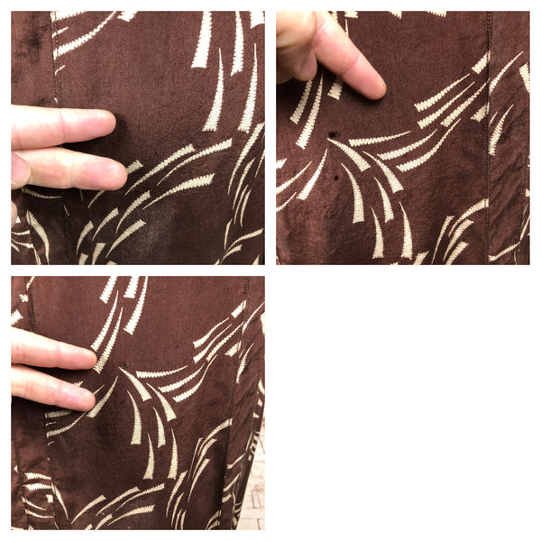 Original 1930s 30s Volup Vintage Brown Dress With Abstract Print And Huge Fluted Sleeves