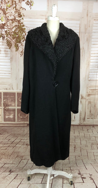 Original 1930s 30s Black Wool Crepe Coat With Astrakhan Collar By Griffin & Spalding