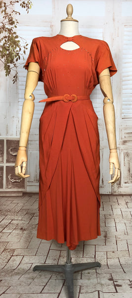 Exceptional Original Late 1930s / Early 1940s Orange Studded Cocktail Dress With Keyhole Detail