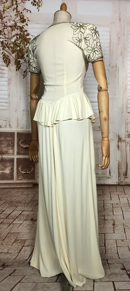 Incredible Original Late 1930s / Early 1940s White Evening Gown / Wedding Dress With Lamé Soutache And Waterfall Peplum