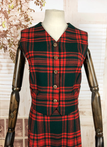 Original 1940s 40s Vintage Red And Forest Green Tartan Plaid Skirt And Waistcoat Suit