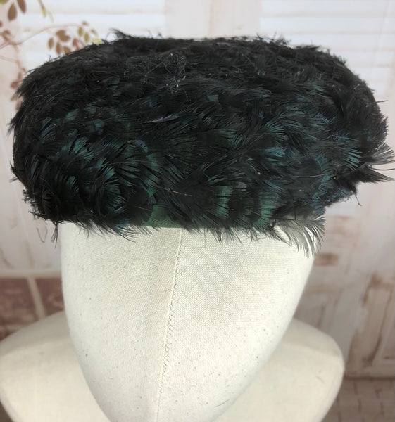 Gorgeous Iridescent Black Feather 1940s 40s Hat With Veiling