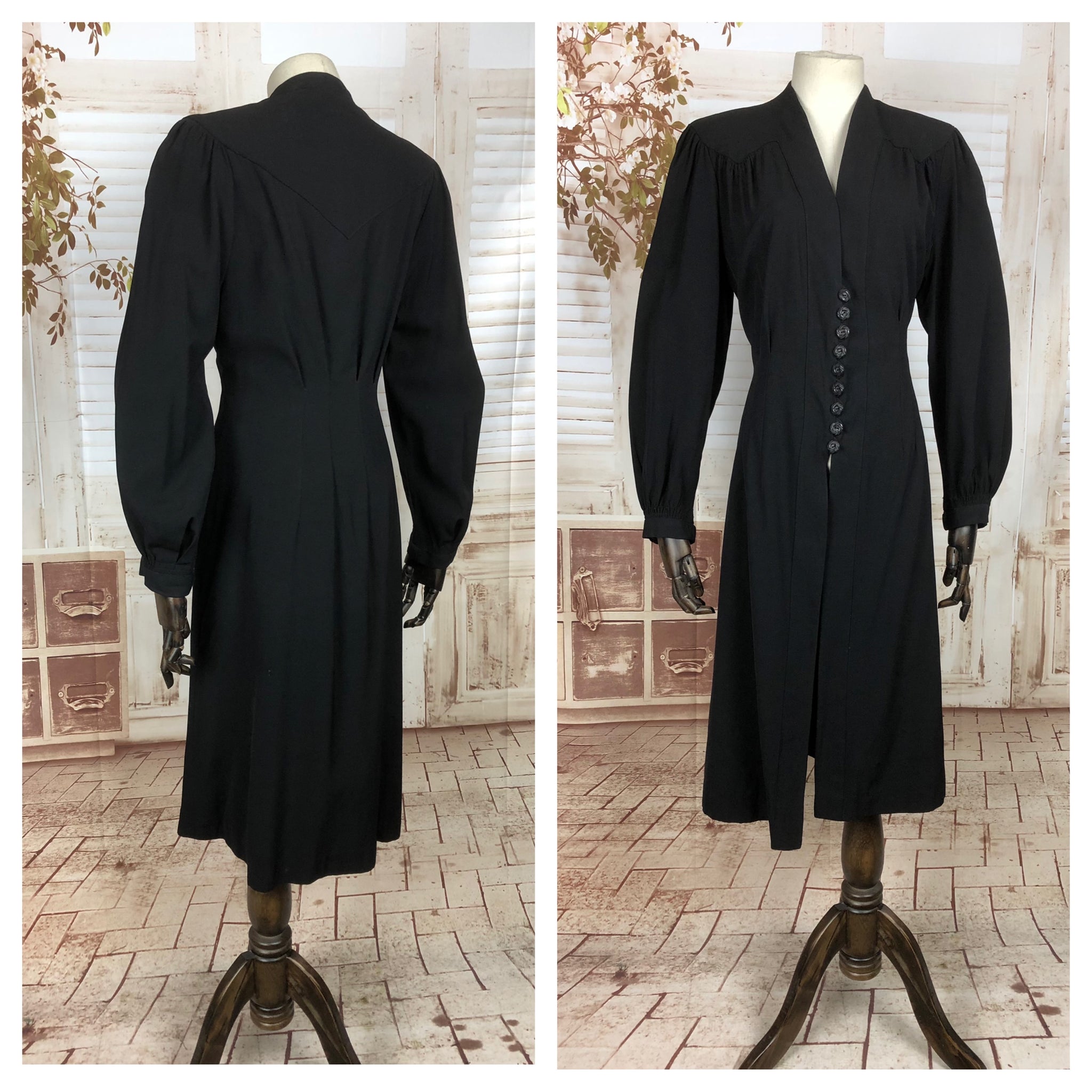 Original Vintage 1930s 30s Black Cotton Princess Coat With Bishop Sleeves And Bakelite Buttons