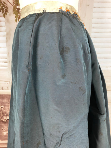 Original Victorian 1800s Antique Slate Blue Faille Bustle Back Skirt With Embroidered Hem