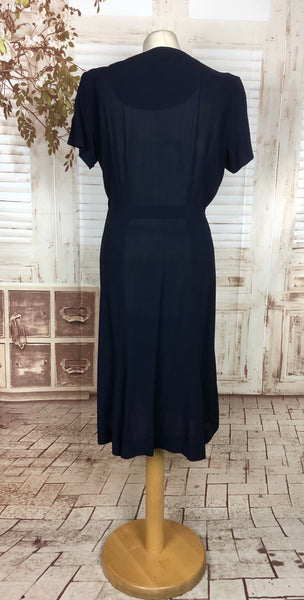 Original 1940s 40s Vintage Midnight Blue Day Dress With Stripe Panels And Velvet Ribbons By Robin Fashions