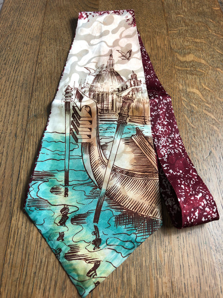Incredible Original 1940s Hand Painted Turquoise And Burgundy Venice Gondola And City Scape Swing Tie