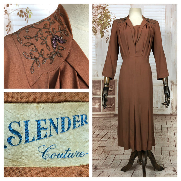Gorgeous Original 1940s 40s Vintage Caramel Beaded Dress By O. Slender Couture