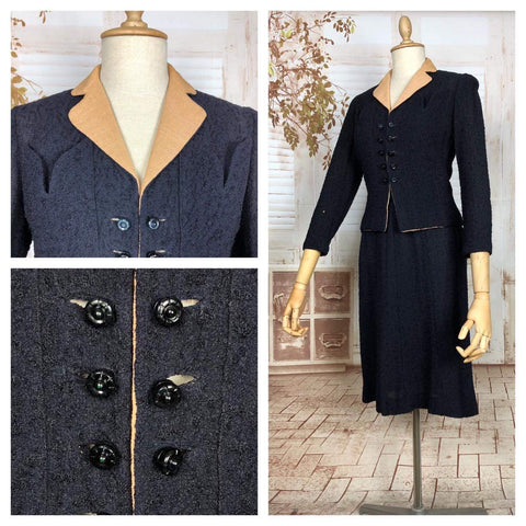 Unusual Original 1940s Vintage Double Breasted Navy Blue Boucle Suit