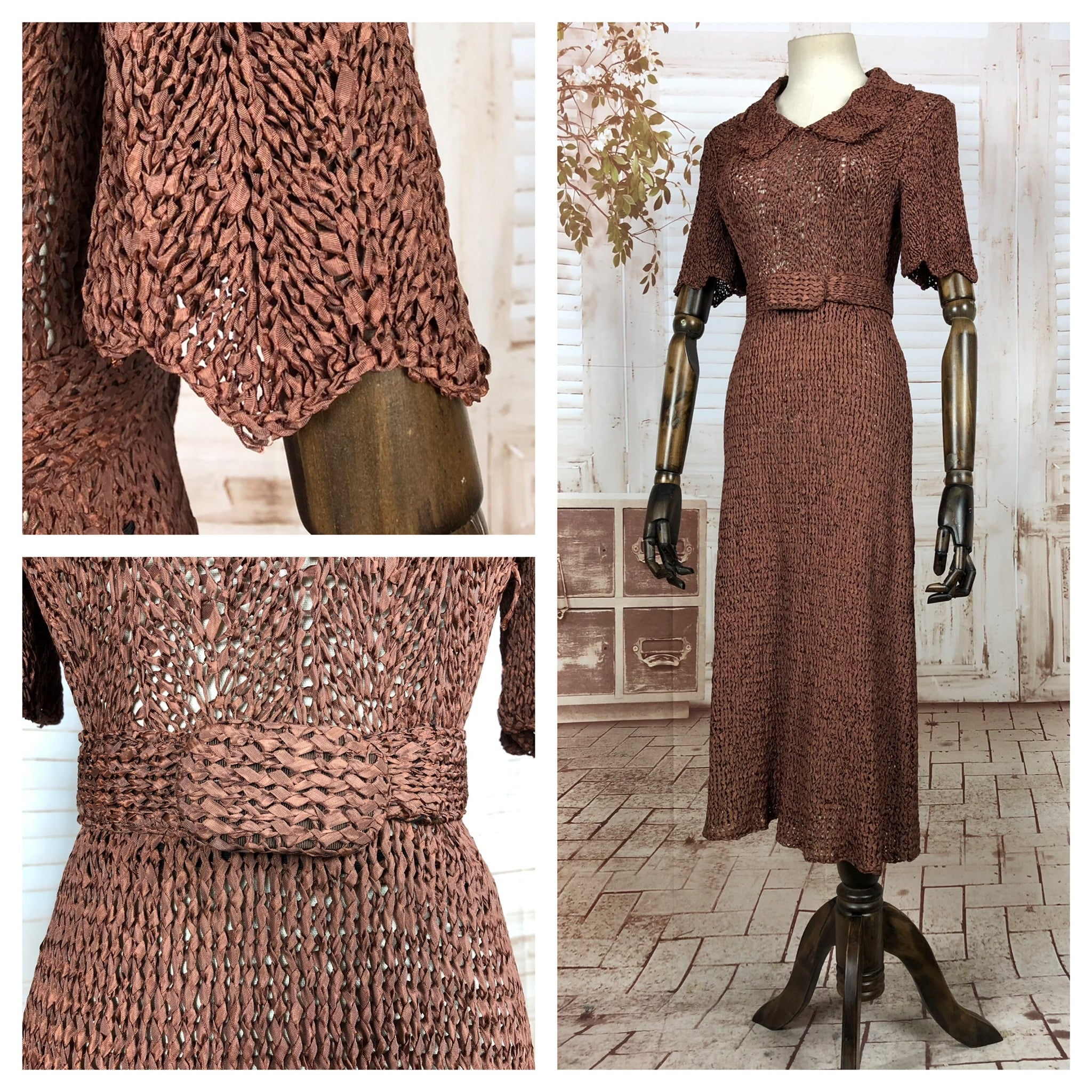 Stunning Original 1940s 40s Vintage Milk Chocolate Brown Belted Ribbon Knit Dress