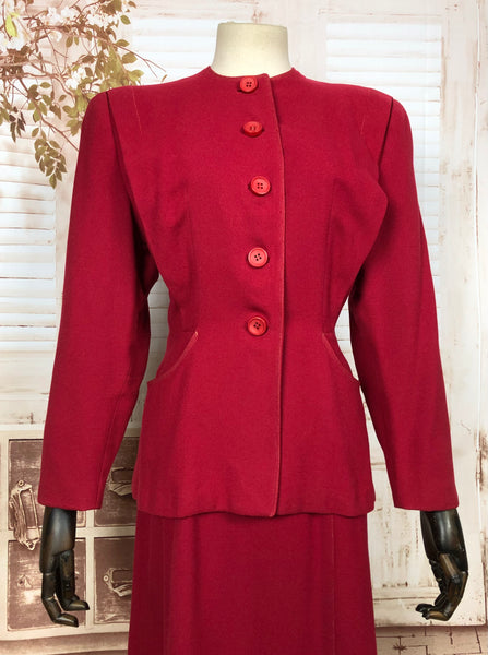 Gorgeous Original 1940s 40s Vintage Lipstick Red Collarless Skirt Suit