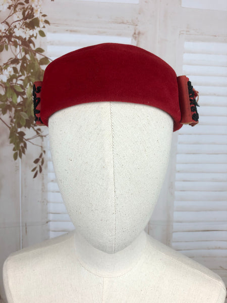 Red 1940s 40s Cap Hat With Soutache Scroll