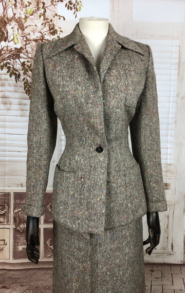 Original 1940s 40s Vintage Grey Wool With Atomic Fleck Skirt Suit