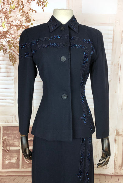 Incredible Beaded Soutache 1940s 40s Navy Blue Vintage Arrow Suit
