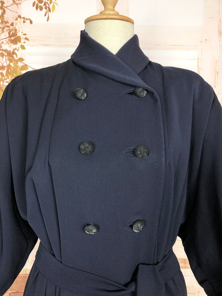 Fabulous Original 1940s Vintage Navy Blue Double Breasted Belted Fit And Flare Coat With Back Belt