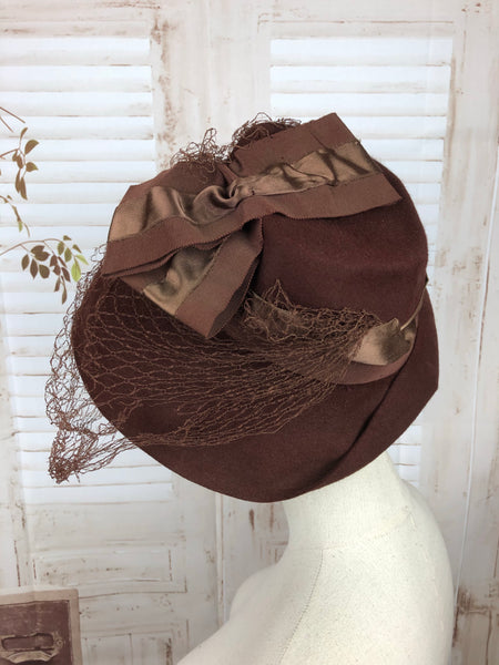 Original 1940s 40s Vintage Chocolate Brown Fedora Hat With Veil