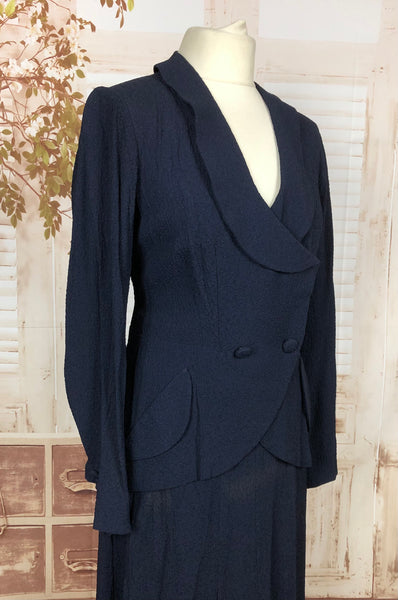 Original 1930s 30s Vintage Navy Blue Textured Crepe Skirt Suit