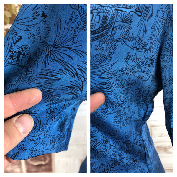 Original 1940s 40s Vintage Blue Novelty Print Rayon Dress With Matching Jacket