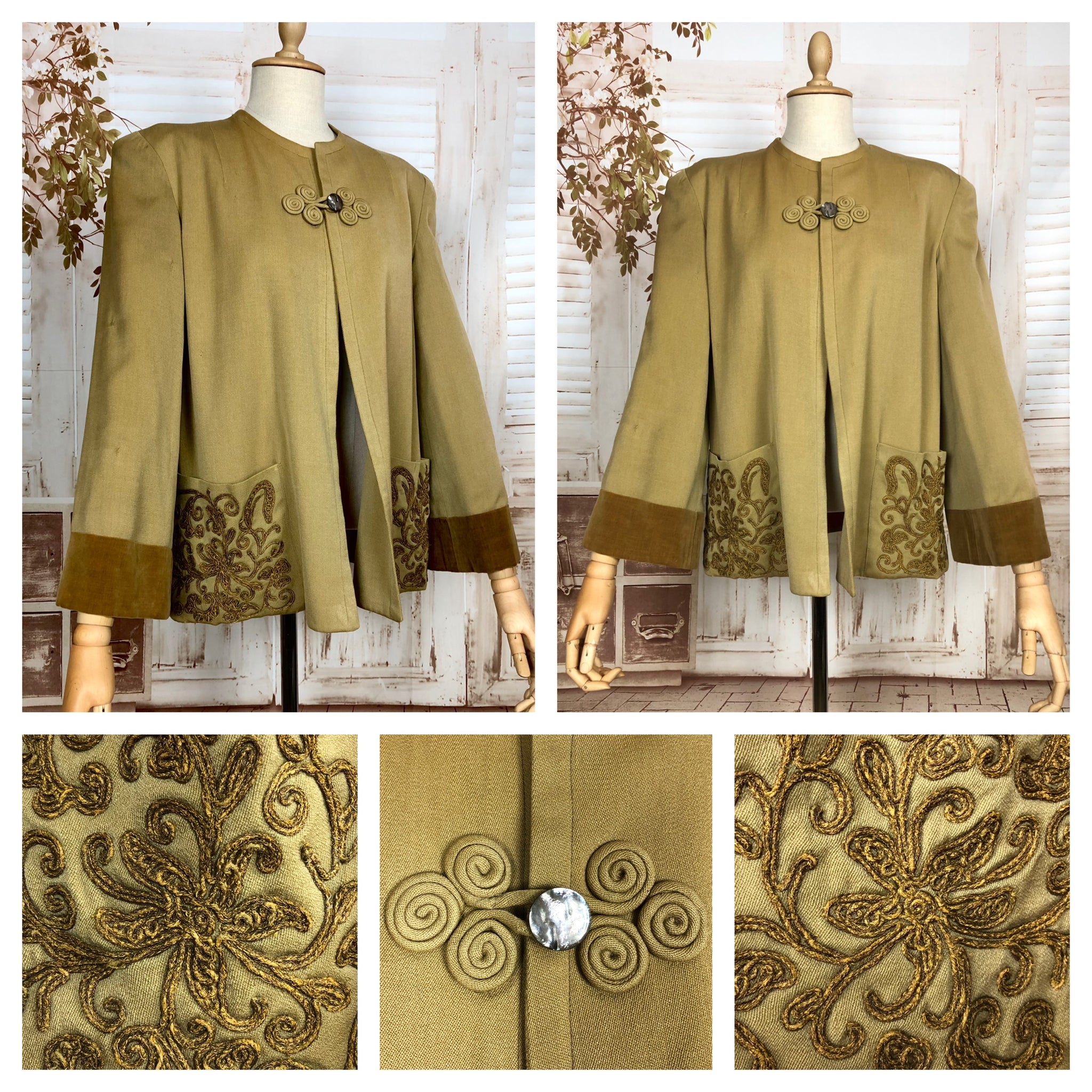 Exceptional Original 1940s Vintage Swing Coat With Huge Shoulders And Gold Lamé Soutache Pockets