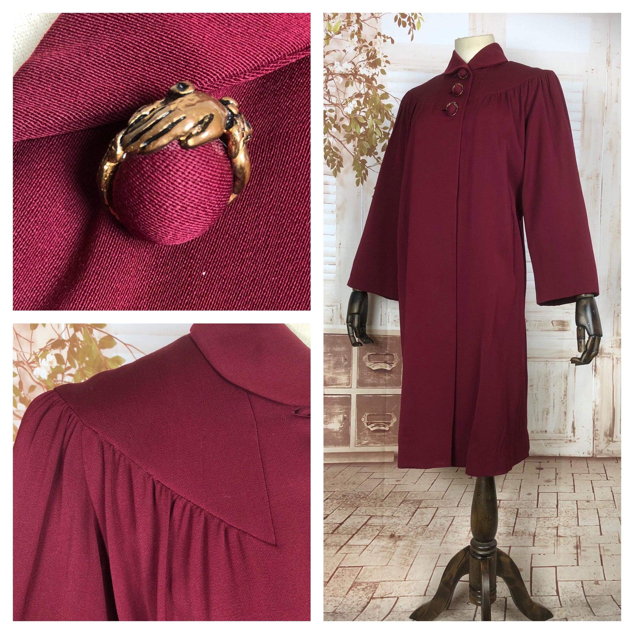 Incredible Original Late 1930s / Early 1940s Burgundy Swing Coat With incredible Hand Buttons