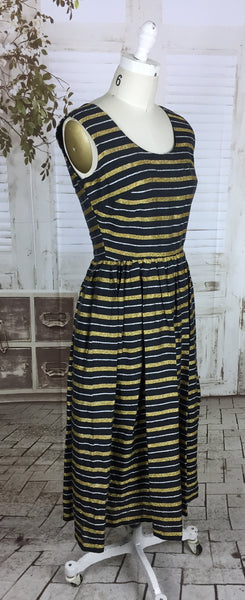 Original 1950s Black Silk Mix Dress With Silver And Gold Lurex Stripes By Trina Lewis