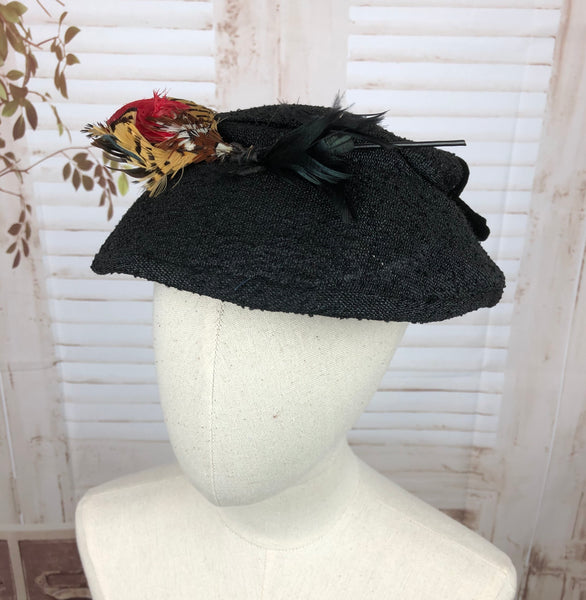 Original 1950s 50s Vintage Black Straw New Look Hat with Feathers