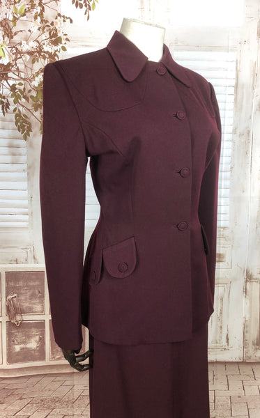 Original 1940s 40s Vintage Burgundy Gab Gabardine Skirt Suit With Western Yoke