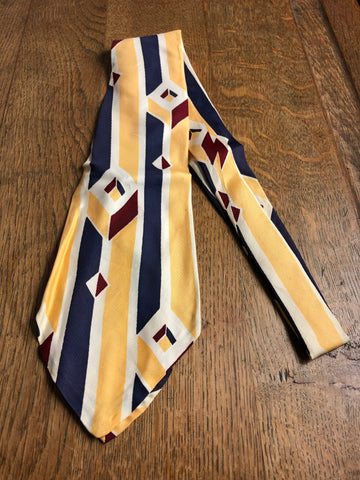 Fabulous Original Late 1940s Vintage Mustard Yellow Navy And Burgundy GeometricSwing Tie