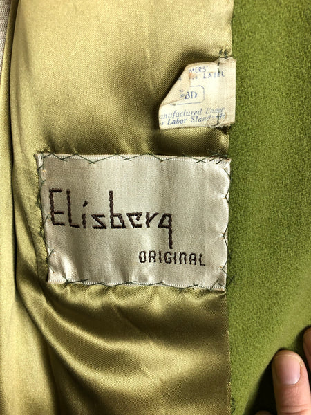 Exquisite Original 1940s Volup Vintage Chartreuse Green Swing Coat With Fur Trim By Elisberg