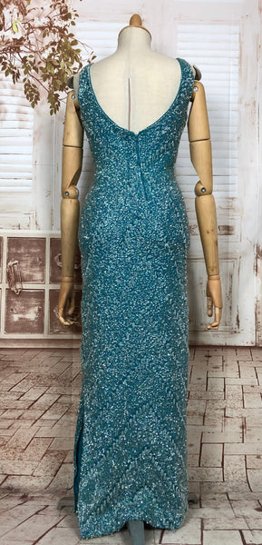 LAYAWAY PAYMENT 1 OF 5 - RESERVED FOR LINDSAY - Exceptional Original 1950s Vintage Fully Beaded Turquoise Gown Hollywood Dress Unlabelled Gene Shelly