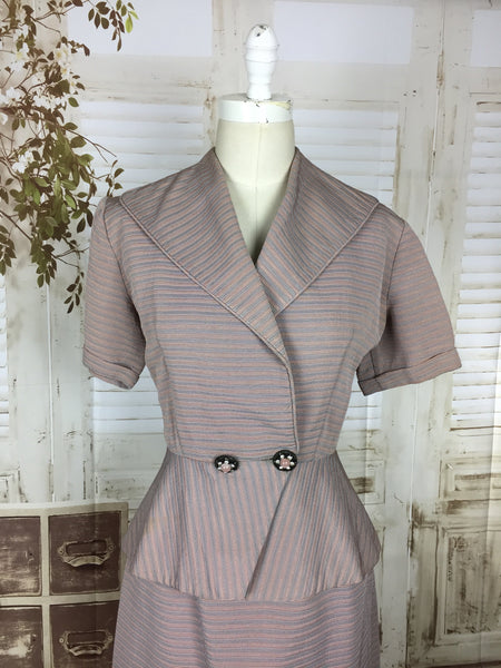 Original 1950s 50s Vintage Pink Blue Pastel Faille Stripe Ladies Skirt Suit Summer Suit