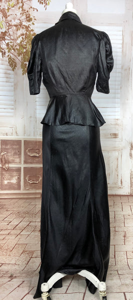 Super Rare Original 1930s Black Ciré Waxed Satin Evening Gown With Matching Jacket Museum Piece
