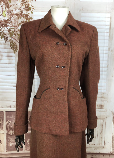 Original 1940s 40s Vintage Brown Wool Skirt Suit With Double Button Front