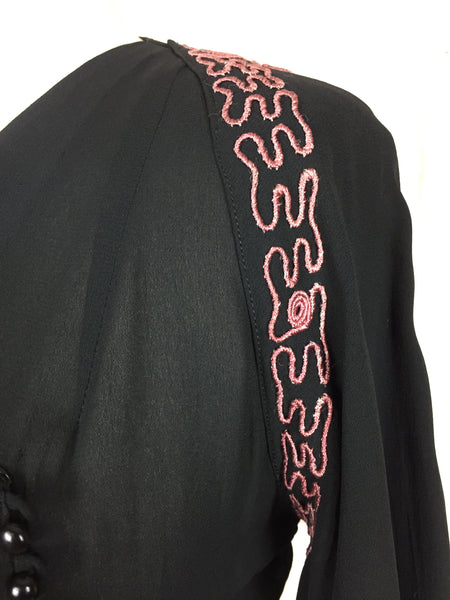 Original 1930s 30s Vintage Black Crepe Dress With Embroidered Pink And Baby Blue Soutache Decoration And Huge Bishop Sleeves