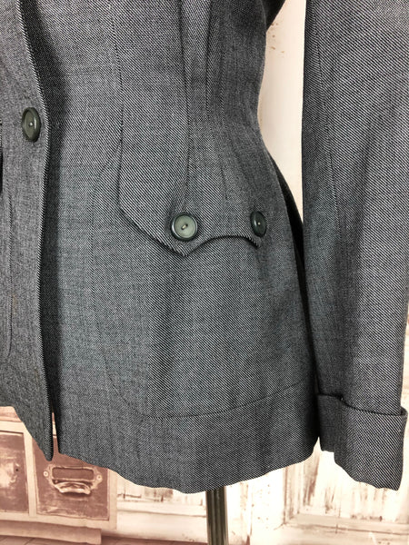 Original 1940s 40s Grey Wool Suit Jacket With Gorgeous Pockets